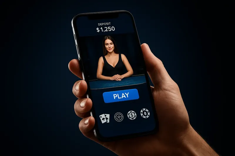 Hand holding smartphone showing dark casino app with live dealer preview