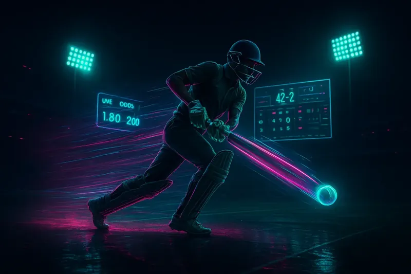 Cricket athlete in motion with neon speed trail and digital scoreboard