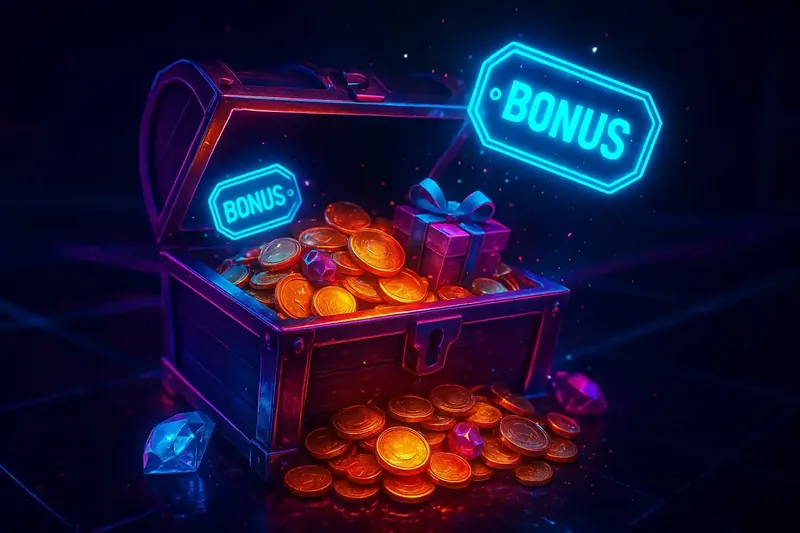 Golden treasure chest bursting with coins, gems, gift boxes, bonus tags