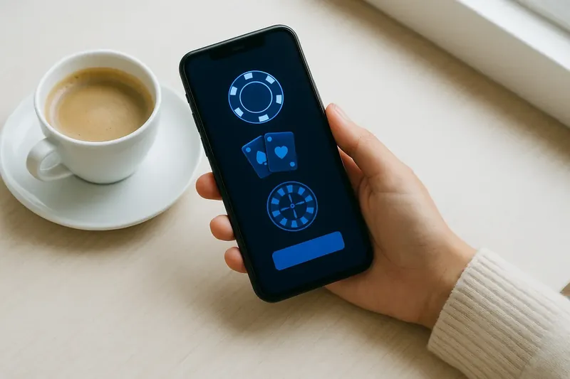 Person at cafe table using smartphone with dark casino app beside coffee