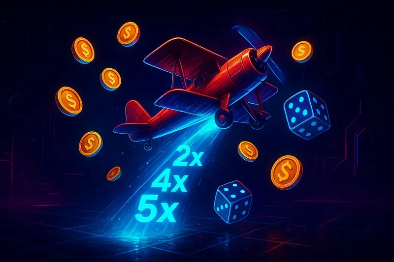 Red airplane with glowing multiplier trail, coins and dice in neon