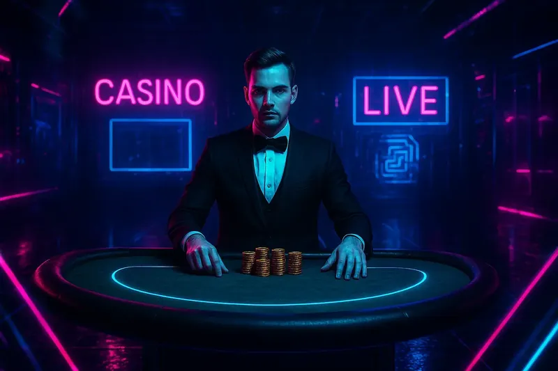 Professional dealer at green felt table with golden chips under spotlight