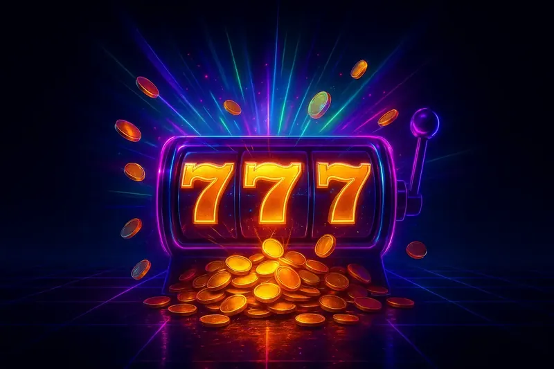 Slot machine jackpot with golden 777, coins, and neon light beams